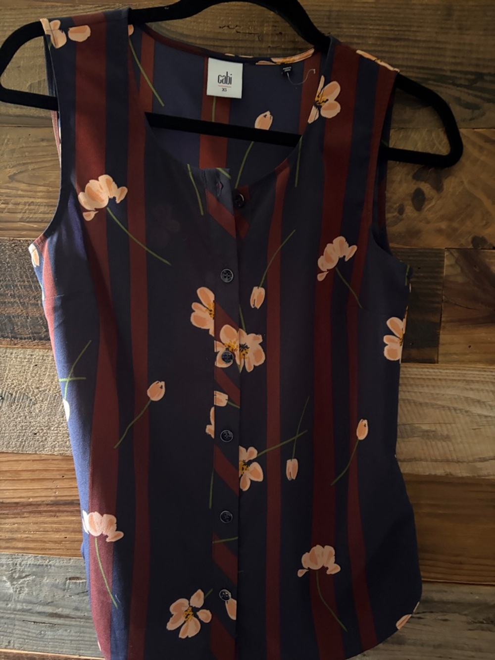 CAbi Navy & Rust Floral Stripe Sleeveless Button Shell